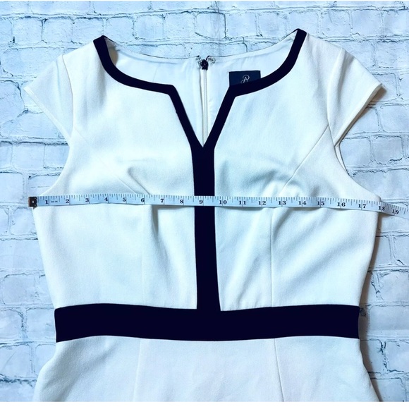 ADRIANNA PAPELL Black Cream V Neckline Cap Sleeve Career Dress 6 Lined Design - Picture 7 of 11